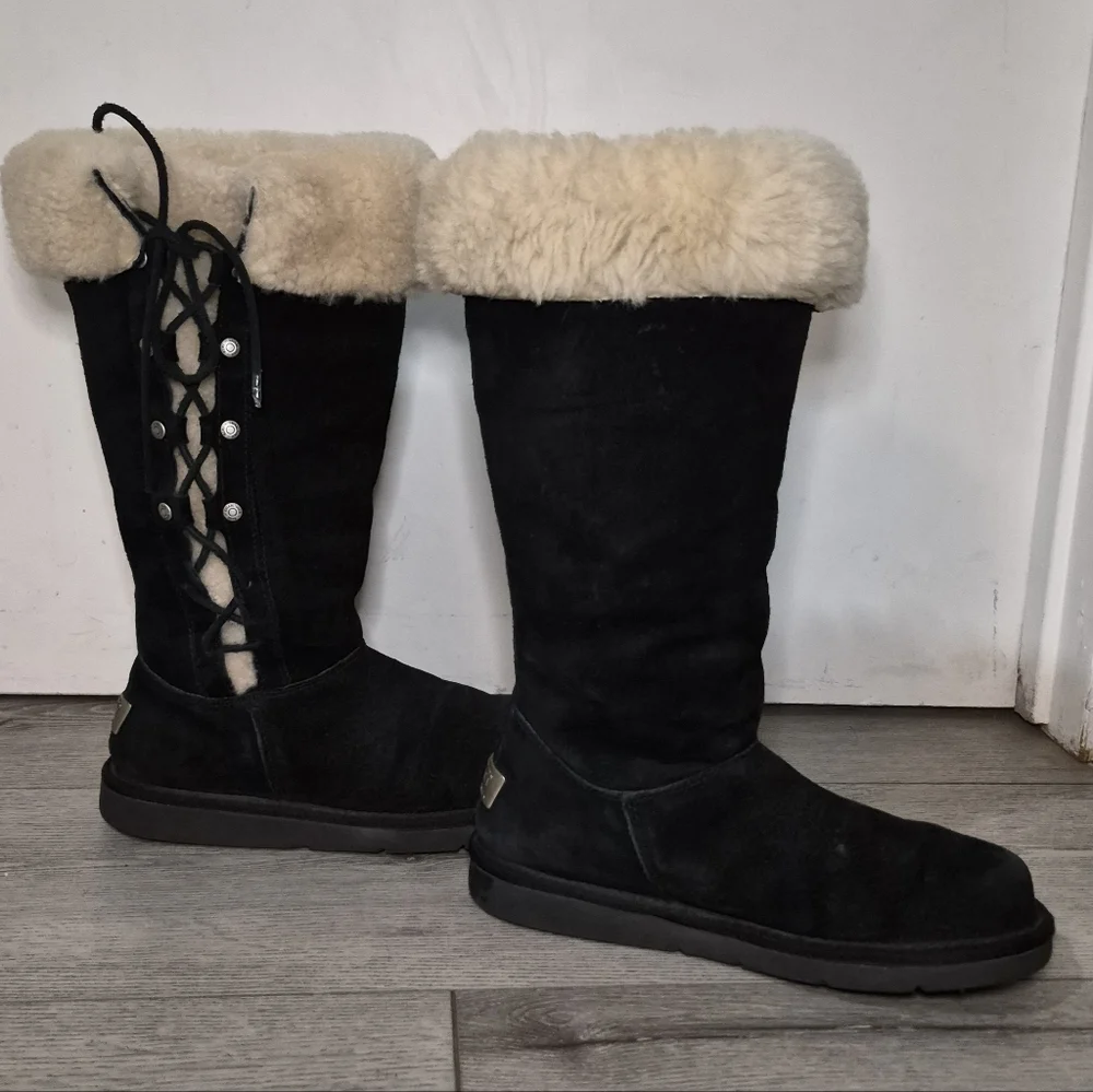 UGG Australia Upside 5163 Black Suede Tall Lace Up Shearling Boots Size 7